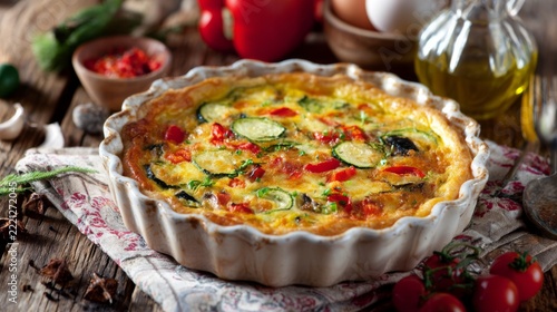 Fresh Vegetable Quiche with Zucchini, Tomatoes, and Herbs in Rustic Kitchen Setting