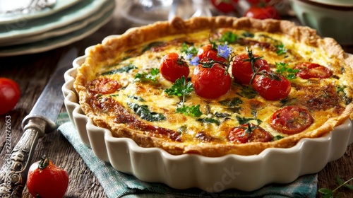 Freshly Baked Vegetable Quiche with Cherry Tomatoes and Herbs on Wooden Table Setting