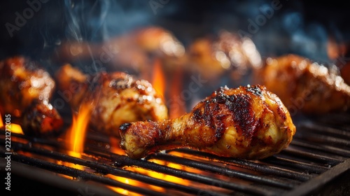 Juicy Grilled Chicken Drumsticks on Barbecue Grill with Flames and Smoke in Outdoor Cooking Environment