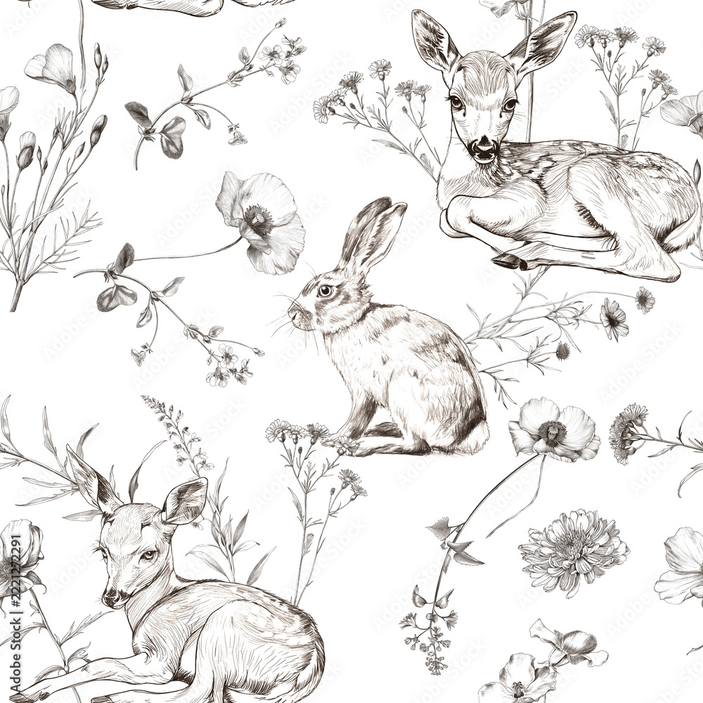 Naklejka premium Enchanting Woodland Pattern with Engraved Deer and Rabbit among Wildflowers