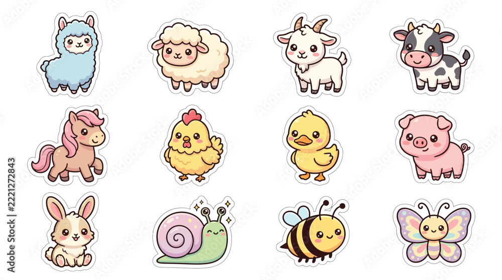 Fototapeta premium Collection of cute cartoon farm animals and insects in a simple illustration style.
