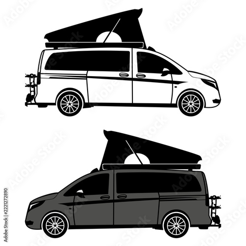 caravan family car black and white vector art
