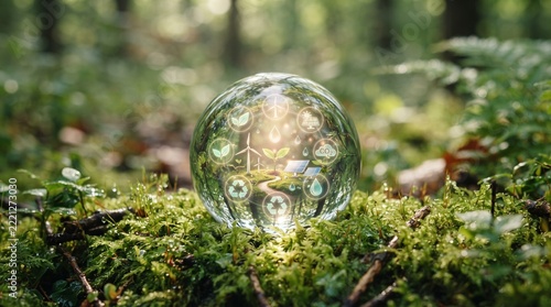 Glass globe reflecting a green forest ecosystem resting on mossy ground.