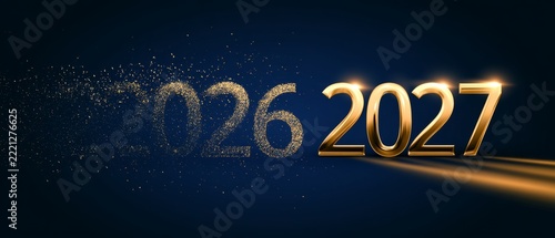 2026 Transforming into 2027 with Golden Particles on Dark Blue Background for New Year Transition Concept