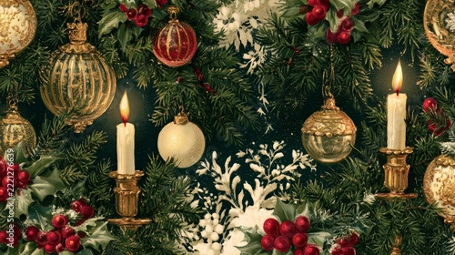 Christmas Tree Decoration with Golden Ornaments, Red Berries, Evergreen Branches and Glowing Candles