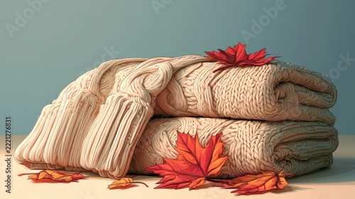 Cozy Autumn Fashion Background with Folded Cream Knitted Sweaters and Red Maple Leaves on Warm Beige Surface