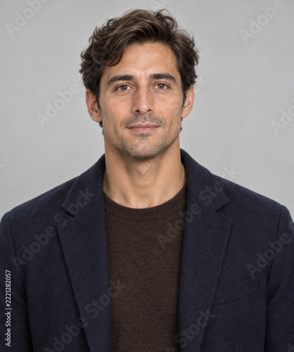 Man with wavy brown hair wearing navy blazer in studio portrait