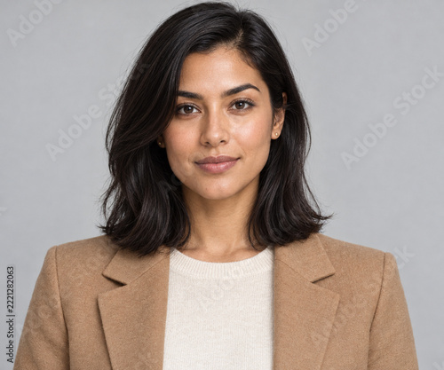 Woman with dark bob hair wearing camel blazer in studio portrait