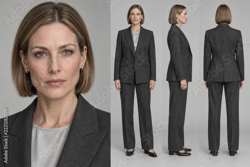 Businesswoman in charcoal pantsuit character reference with multiple views