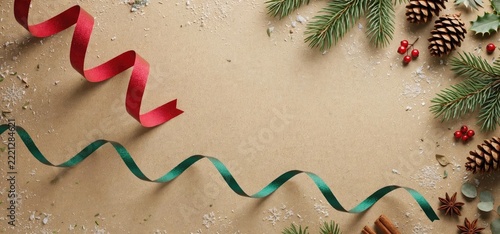 Festive Christmas Background with Pine Cones, Fir Branches, and Ribbons.