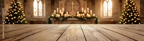 Warm Christmas Eve in a Church with Candles and Decorated Trees.