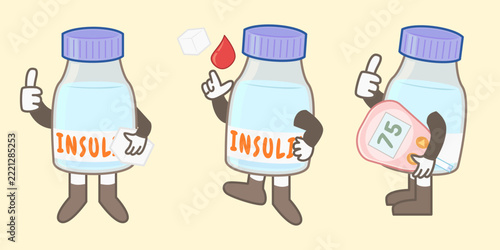 A playful hand drawn insulin bottle character set showing front side and back views with a sugar cube and glucose test strip. Suitable for diabetes education, healthcare campaigns and medical learning