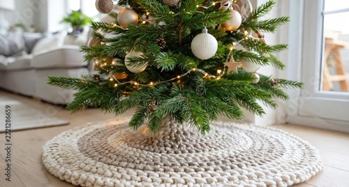 Cozy Christmas Tree Skirt with Festive Ornaments and Lights.