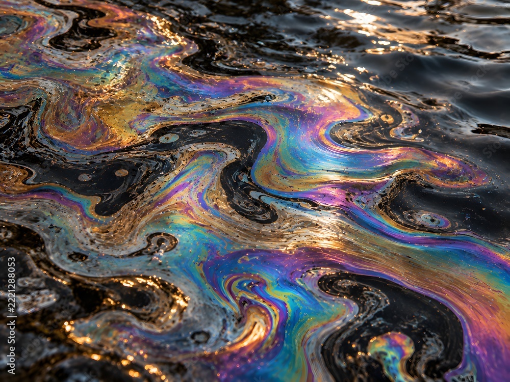 Fototapeta premium Iridescent oil slick floating on dark water surface with colorful