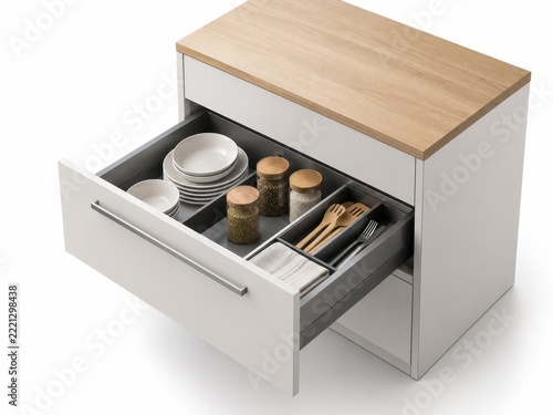 Isometric 3D Rendering of Modern Pull Out Kitchen Drawer with Organized Storage Compartments