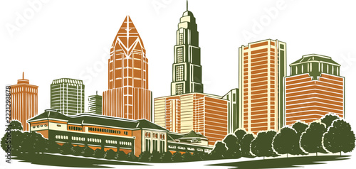 Charlotte skyline and modern Carolina architecture vector illustration for souvenirs