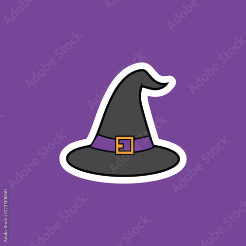 Black witch hat vector illustration with purple strap for halloween sticker design