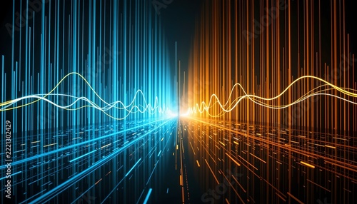 The image features a dynamic digital scene with bright streaks of light extending vertically and horizontally across a dark background