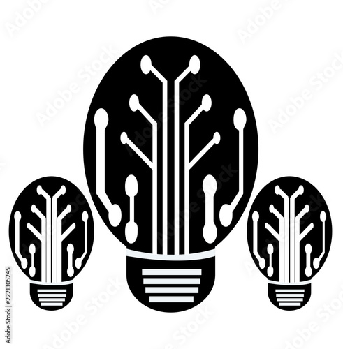 Black and White Light Bulb Icons with Electronic Circuit Design. Technology light bulb icon with printed circuit board lines