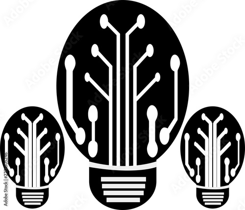 Black and White Light Bulb Icons with Electronic Circuit Design. Technology light bulb icon with printed circuit board lines