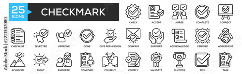 Checkmark icon collection set. Containing design Check, Accept, Agree, Complete, Correct