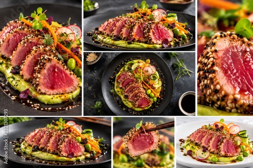 Seared tuna steak slices with sesame crust and avocado puree