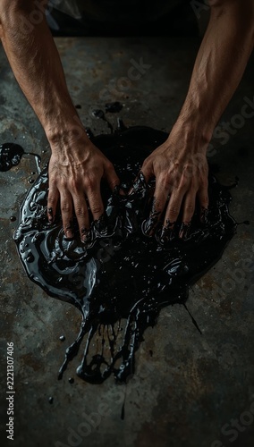 Male hands are immersed in a dark, thick substance, symbolizing either a challenging task, laborious effort, or an artistic endeavor