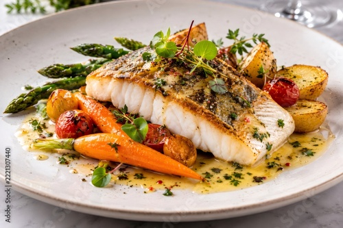 Baked cod fillet with roasted vegetables and butter sauce