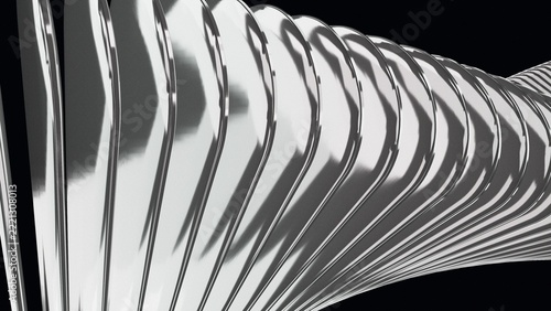 Frame-filling twisted chrome plates bending in a wave against black