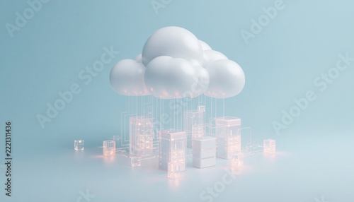 3D cloud computing concept with white cloud, server blocks and data streams on soft blue background