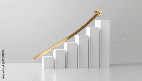 3D rising bar chart with golden arrow on light background, business growth and success concept