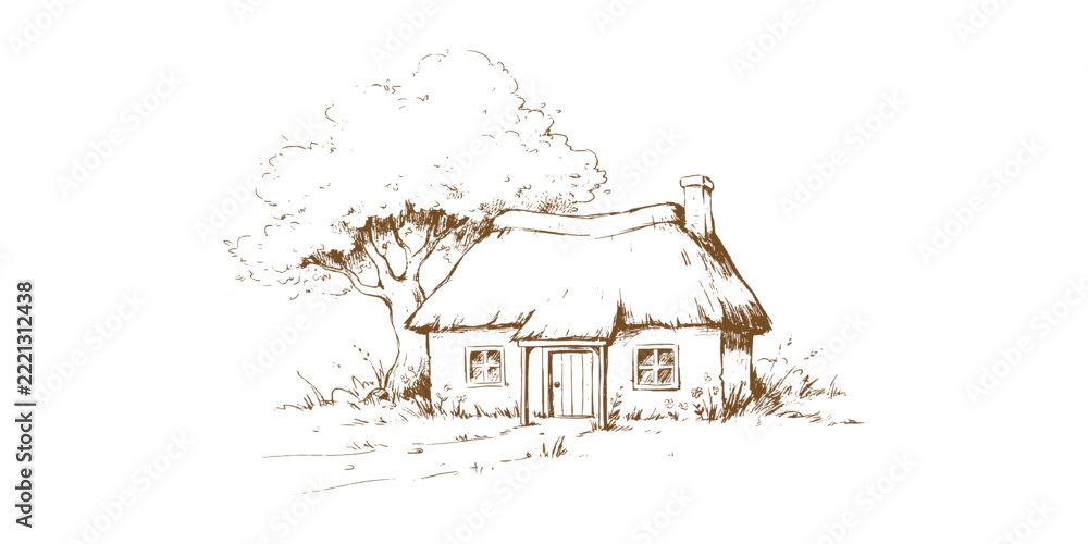 Naklejka premium Vintage hand drawn rustic cottage with thatched roof and large tree rural landscape vector illustration.