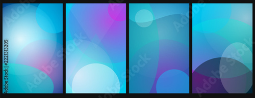 Set of four abstract vertical banners with blue and purple gradient circles and soft light flares