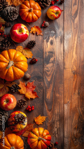 Flat lay composition of pumpkins, apples, pinecones, and autumn leaves