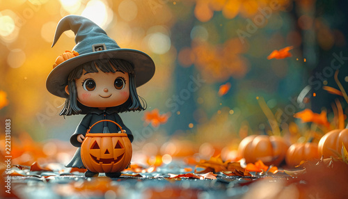 Cute clay witch with trick or treat pumpkin basket, copy space