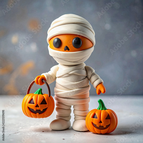 Cute clay mummy with trick or treat pumpkin basket, copy space