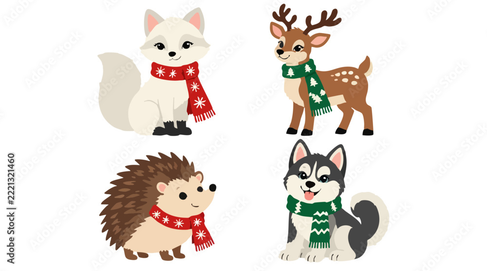 Obraz premium Cute retro Christmas set of four winter baby animals wearing festive red green scarves including arctic fox reindeer hedgehog and husky dog isolated on white background for holiday kids decor