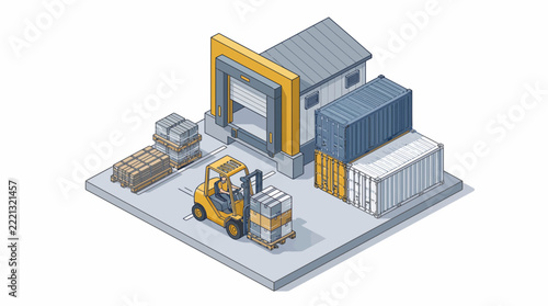 Isometric warehouse loading dock with forklift and freight containers