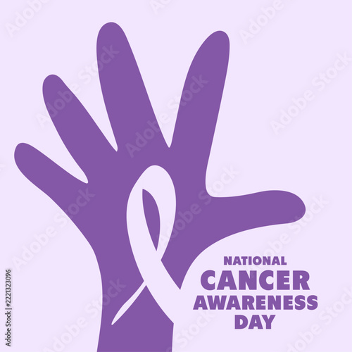 National Cancer Awareness Day vector illustration concept with purple hand silhouette and ribbon symbol for poster, banner, card, or social media post.