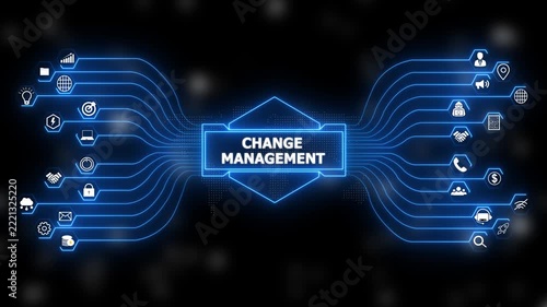 Change management network animation with glowing data connections and technology icons, digital transformation strategy and organizational process concept.world map and floating particles background.