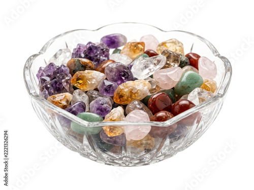 Glass bowl filled with colorful polished gemstones isolated png