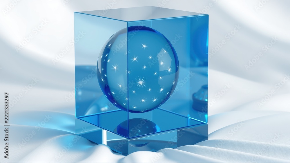 Fototapeta premium Blue cube contains glowing sphere. Stars visible inside, resting on soft surface. Minimalist design, futuristic feel.