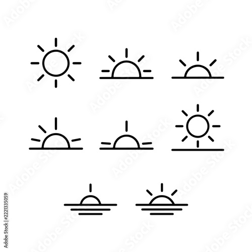 Sunrise Sunset and Sun Outline Icon Set, Minimal Weather Symbols for Forecast Apps, Web Interfaces and Daily Schedule Design, Thin Line Vector Collection