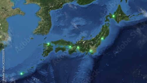 地球衛星軌道から見る日本列島主要都市に光子が配置されたネットワークの背景
