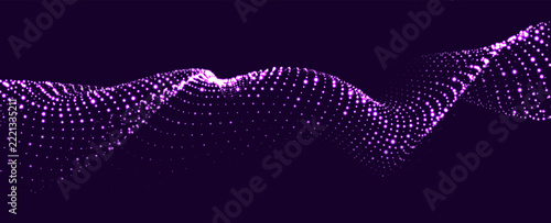 Dynamic bright particle wave. Futuristic point glowing wave. Flow of purple digital structure. Data technology background. Vector illustration.