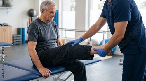 Senior man receiving knee physical therapy from professional clinician
