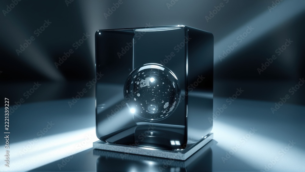Fototapeta premium Glossy cube contains swirling galaxy. Dramatic lighting highlights reflective surfaces, creating futuristic presentation. Minimalist design.