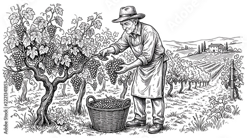 Farmer plucking grapes in his Garden