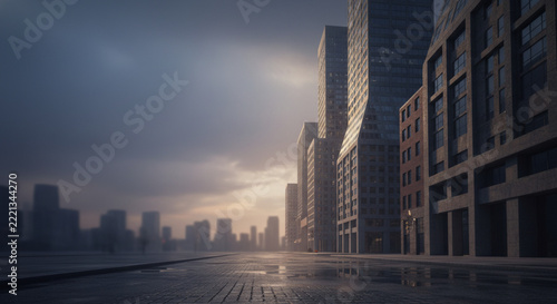 Modern Cityscape at Dusk with Wet Pavement Reflecting Buildings and Moody Sky
