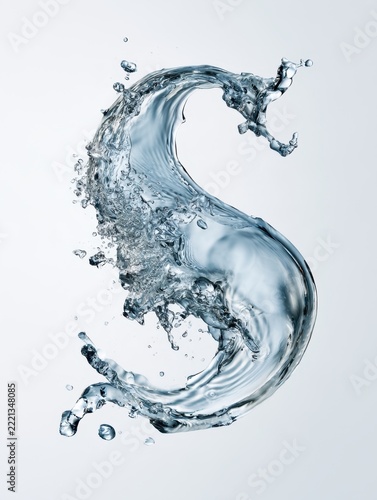 Abstract curling water splash forming a fluid wave with suspended droplets and translucent detail against a clean pale background, isolated liquid shape